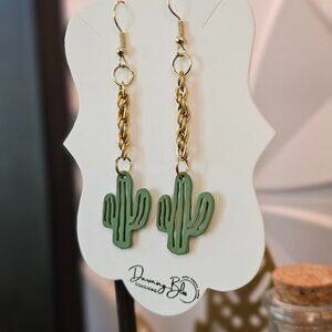 Green Gold Cactus Dangle Earrings- Handmade one of a kind!